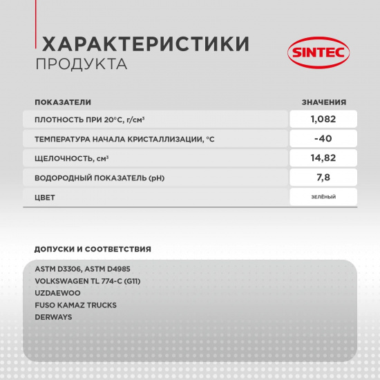 Антифриз SINTEC EURO G11, зеленый, Готовый, -40c, 1 Кг. - 1