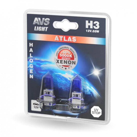 ЛАМПА галоген. AVS ATLAS /5000K/ H3 12V55W к-т2шт  # AVS * 4627103785687 - 1
